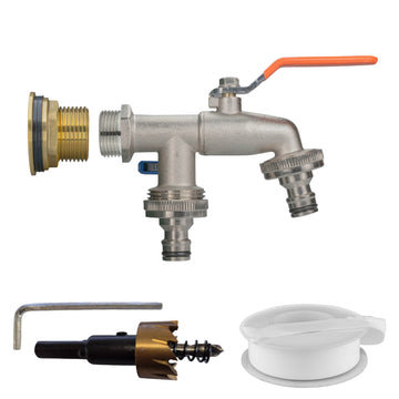 Brass Water Butt Kit 1in with Double Snap-On Tap + Connector + 34mm Drill Bit