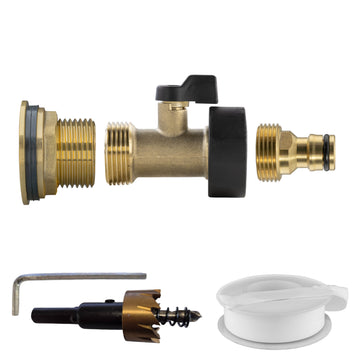 Brass Water Butt Kit 1in with Brass Valve + Tap Connector + 34mm Drill Bit