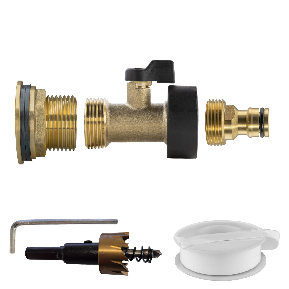 Brass Water Butt Kit 1in with Brass Valve + Tap Connector + 34mm Drill Bit