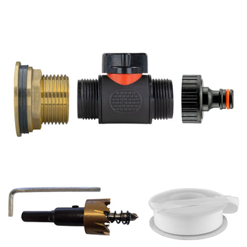Water Butt Extension Kit 3/4in with Valve + Tap Connector + 34mm Drill Bit