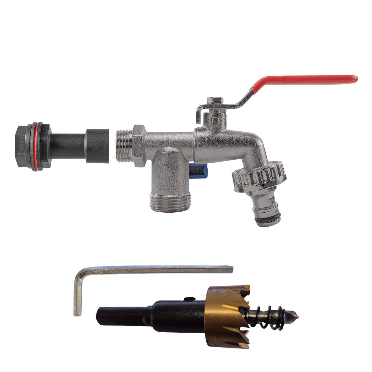 Water Butt Extension Kit 1/2in with Double Snap-On Lever Tap + 21mm Drill Bit