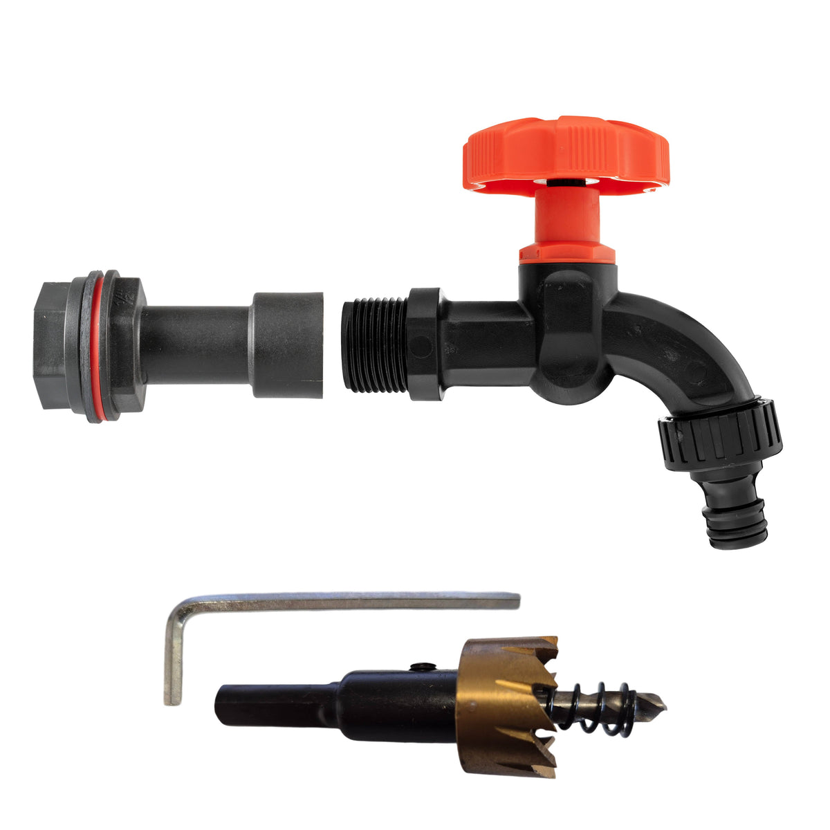 Water Butt Extension Kit 1/2in with Black Dial Tap + 21mm Drill Bit Hose Fitting