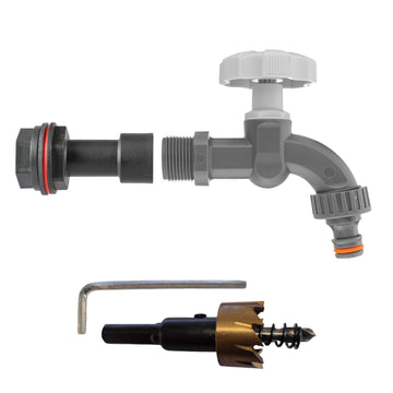 Water Butt Extension Kit 1/2in with Grey Dial Tap + 21mm Drill Bit Hose Fitting