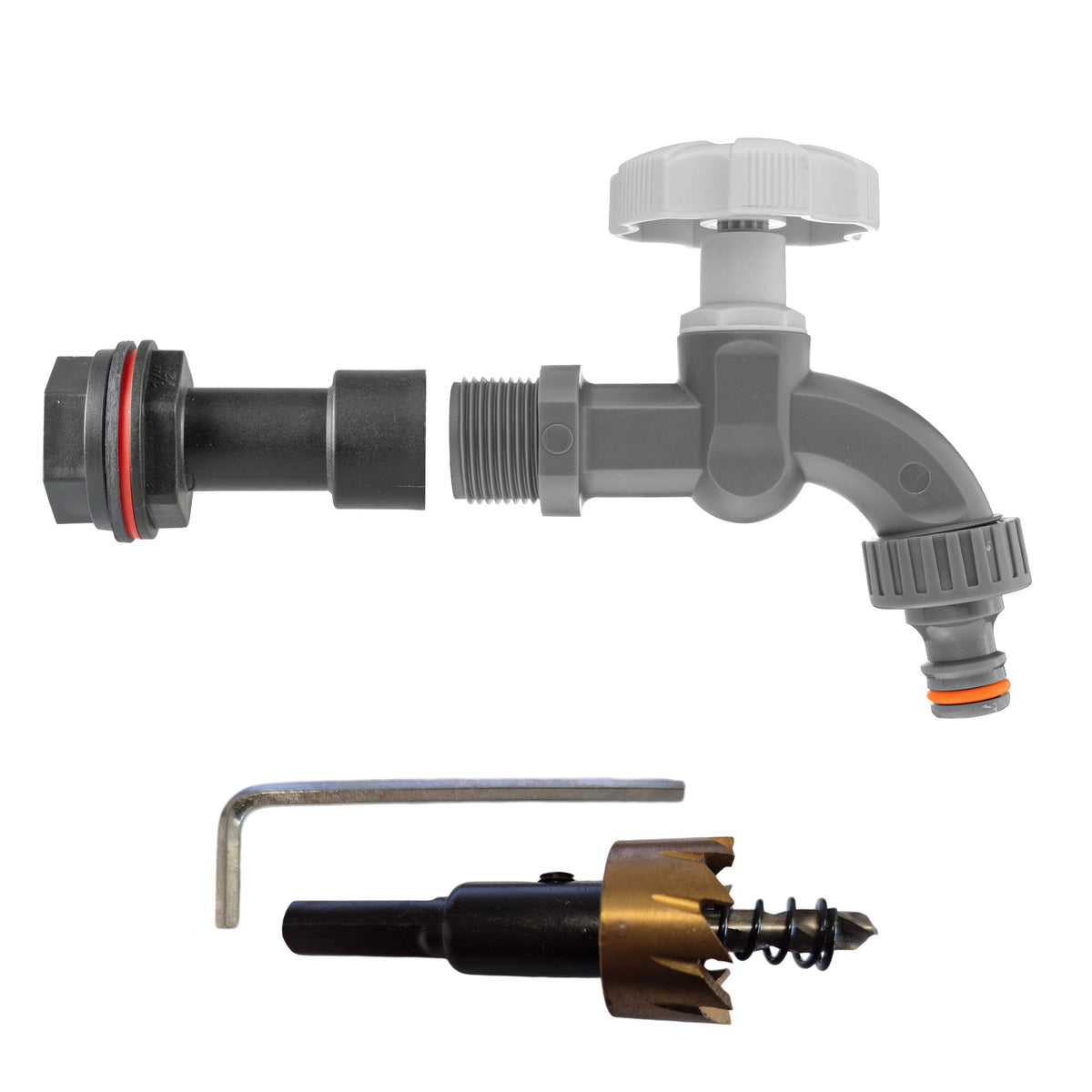 Water Butt Extension Kit 1/2in with Grey Dial Tap + 21mm Drill Bit Hose Fitting