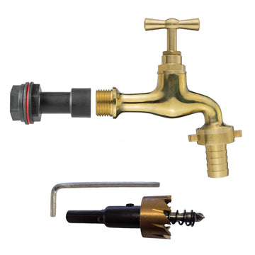 Water Butt Extension Kit 1/2in + 15mm Barbed Polished Brass Tap + 21mm Drill Bit