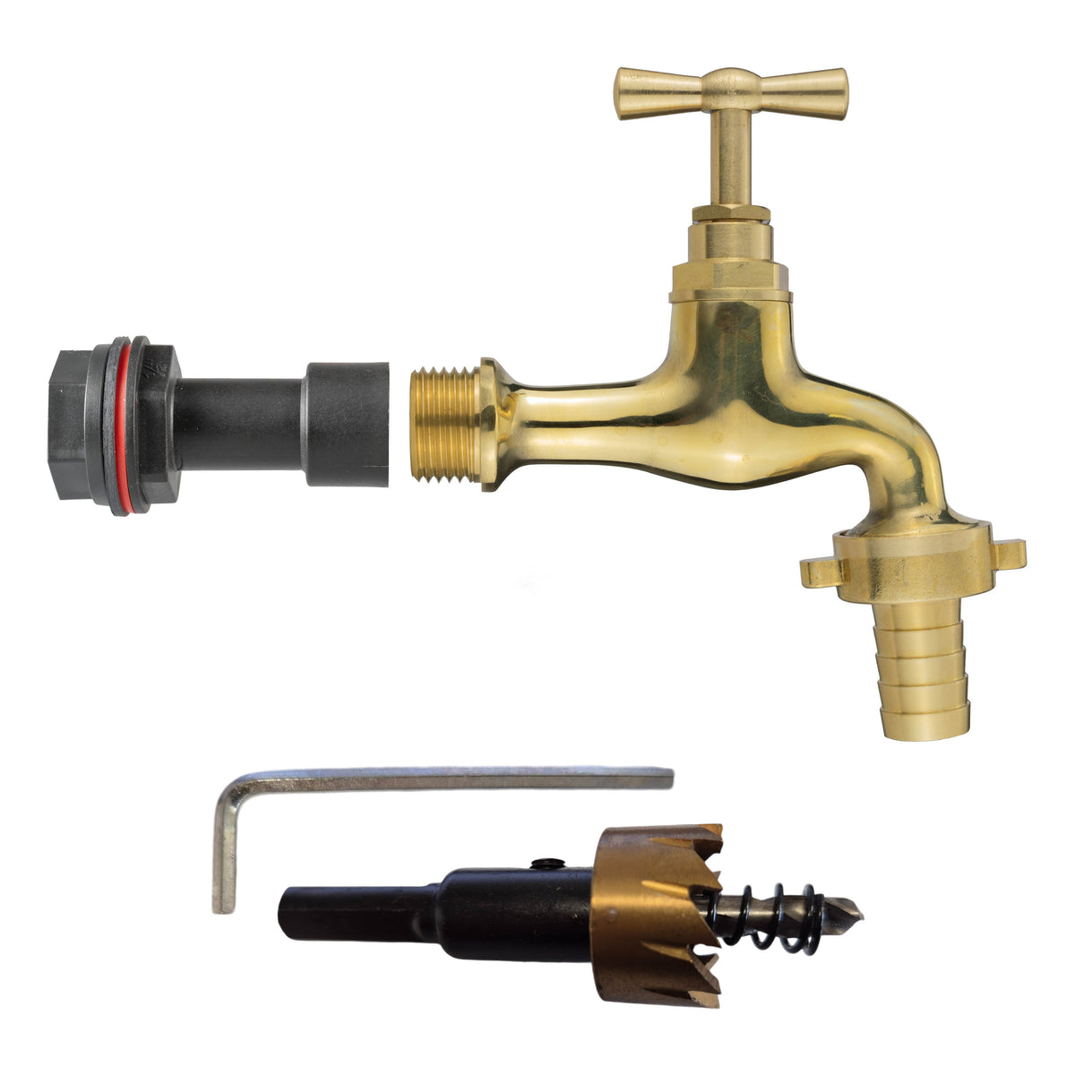 Water Butt Extension Kit 1/2in + 19mm Barbed Polished Brass Tap + 21mm Drill Bit
