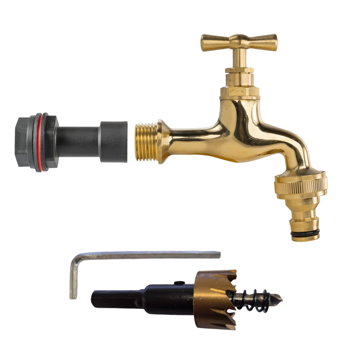 Water Butt Extension Kit 1/2in with Polished Brass Snap-On Tap + 21mm Drill Bit