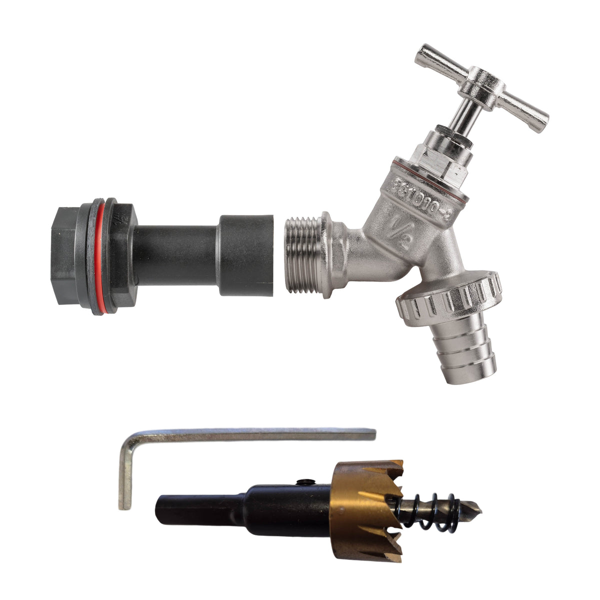 Water Butt Extension Kit 1/2in with Nickel Plated Barbed Tap + 21mm Drill Bit
