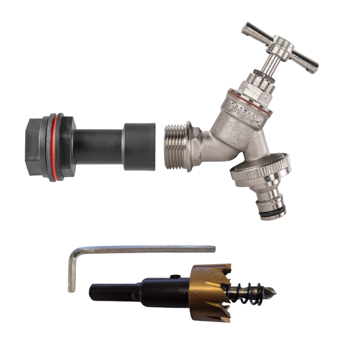 Water Butt Extension Kit 1/2in with Nickel Plated Snap-On Tap + 21mm Drill Bit