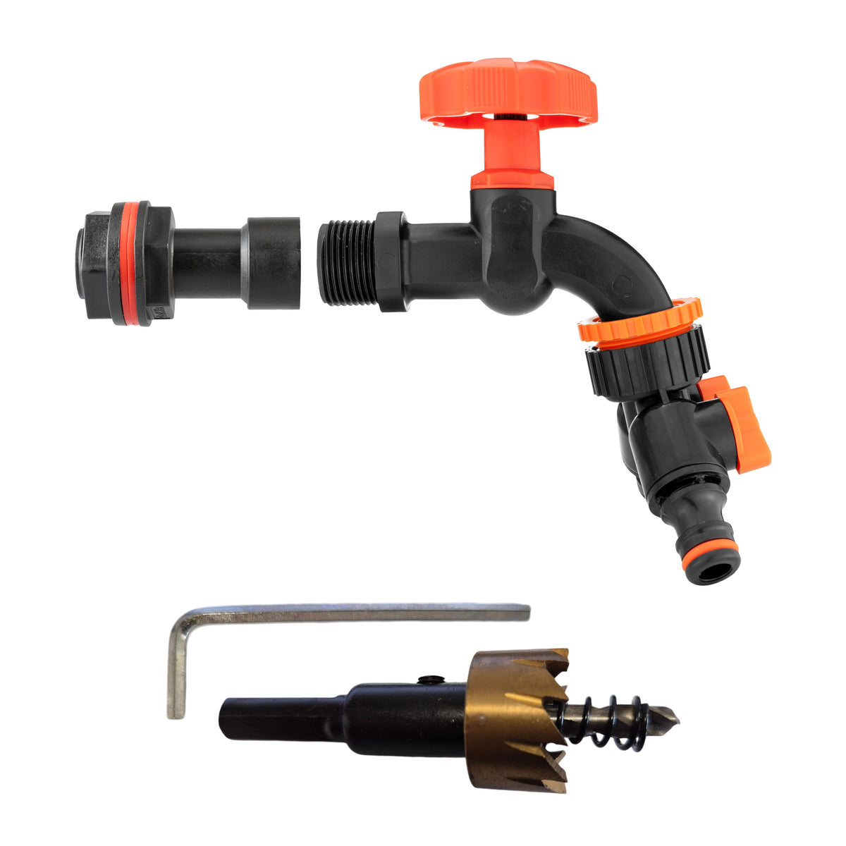 Water Butt Extension Kit 1/2in with Black Dial Tap + Splitter + 21mm Drill Bit