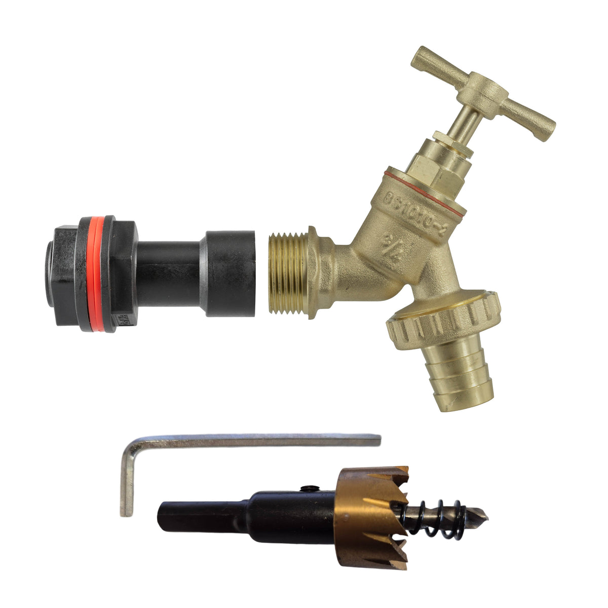 Water Butt Extension Kit 3/4in with Brass Barbed Bib Tap + 27mm Drill Bit