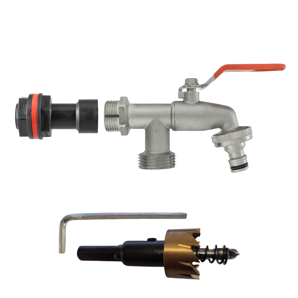 Water Butt Extension Kit 3/4in with Double Snap-On Lever Tap + 27mm Drill Bit