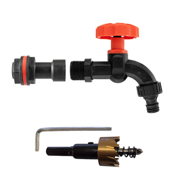 Water Butt Extension Kit 3/4in with Black Dial Tap + 27mm Drill Bit Hose Fitting