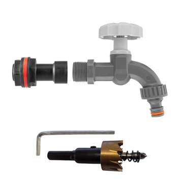 Water Butt Extension Kit 3/4in with Grey Dial Tap + 27mm Drill Bit Hose Fitting