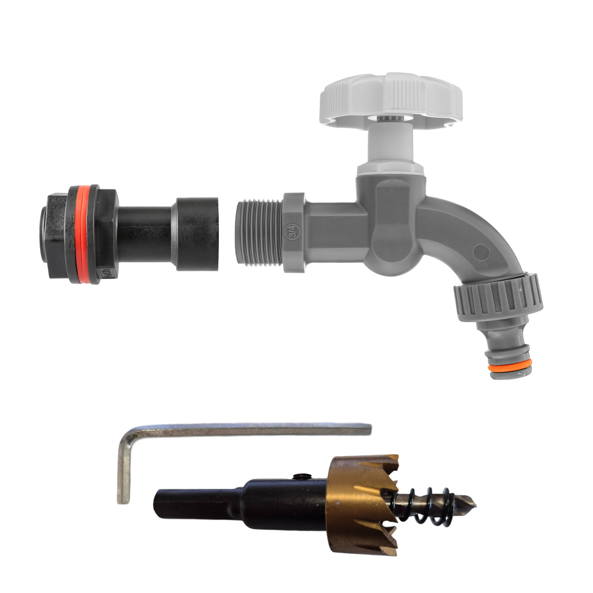 Water Butt Extension Kit 3/4in with Grey Dial Tap + 27mm Drill Bit Hose Fitting