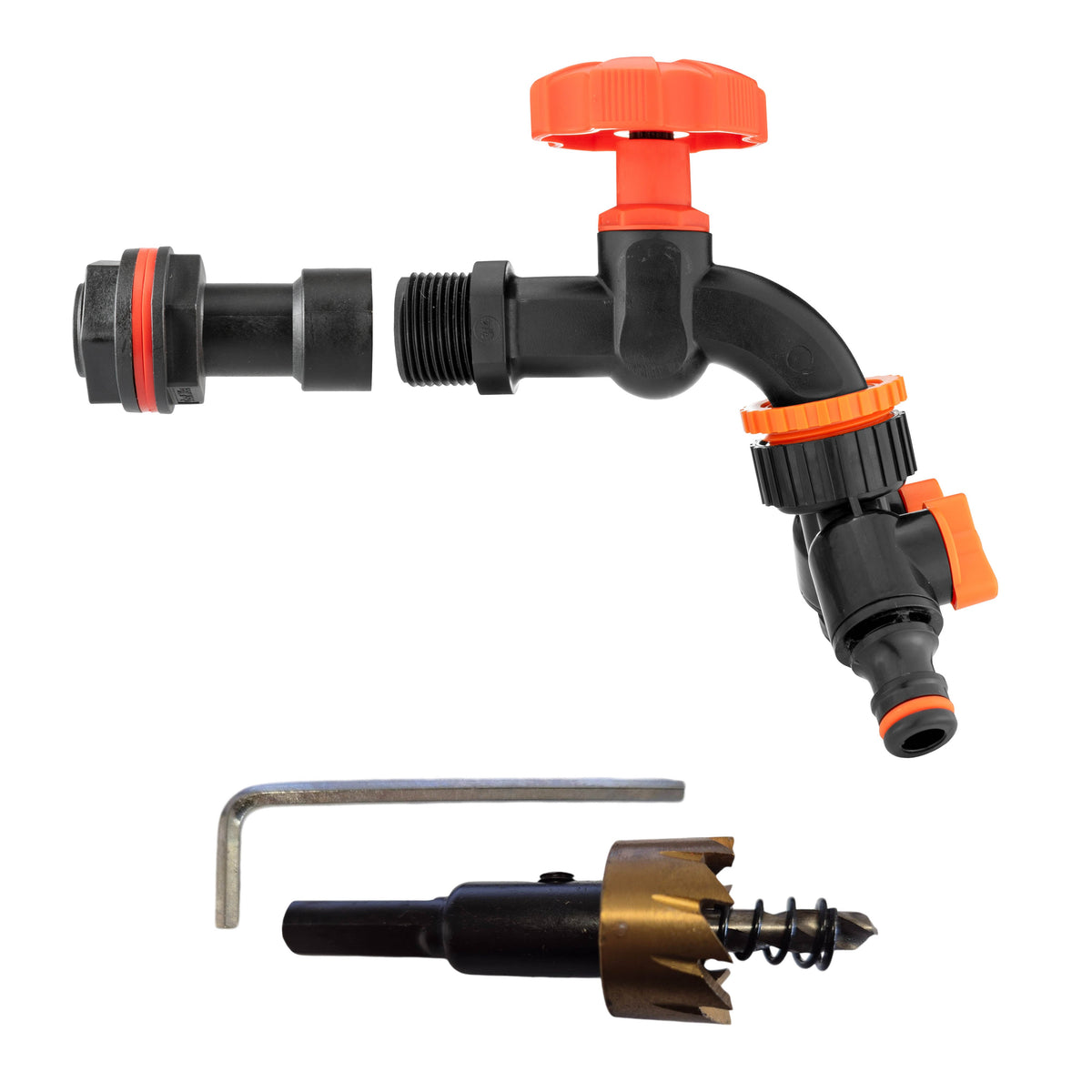Water Butt Extension Kit 3/4in with Black Dial Tap + Splitter + 27mm Drill Bit