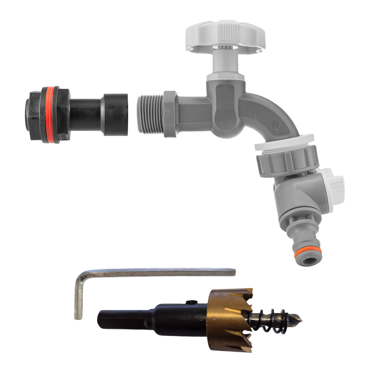 Water Butt Extension Kit 3/4in with Grey Dial Tap + Splitter + 27mm Drill Bit