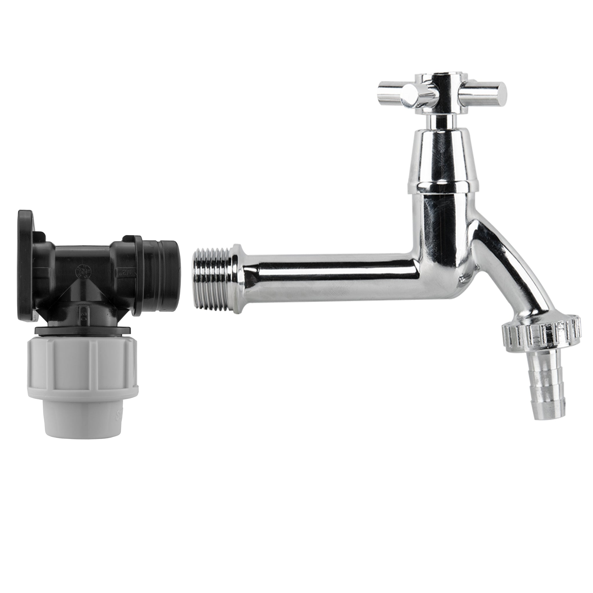 Wall Flange Kit 20mm MDPE - Extended Brass Chrome Tap 1/2" Barb