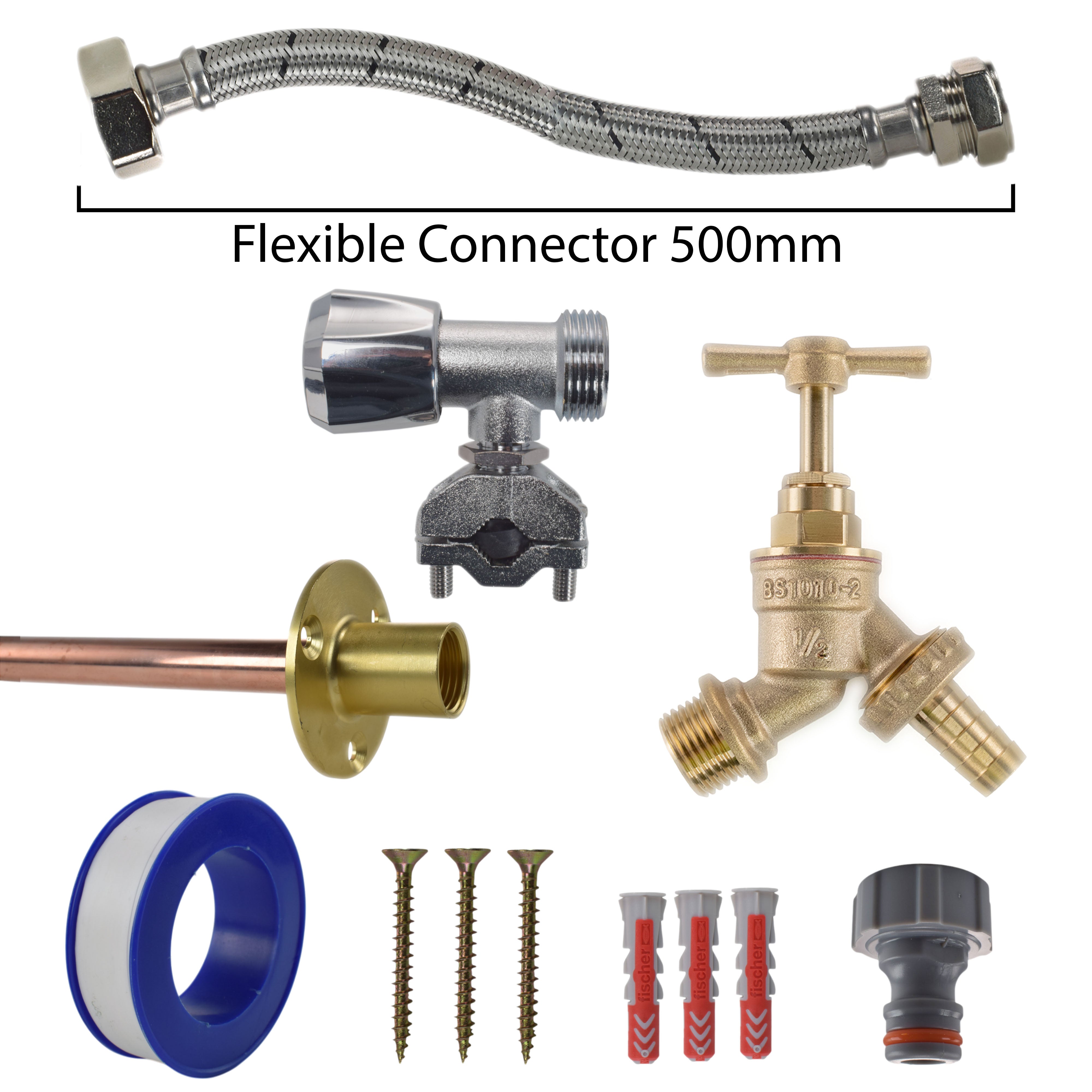 Brass Barbed Bib Tap FULL Connection Kit