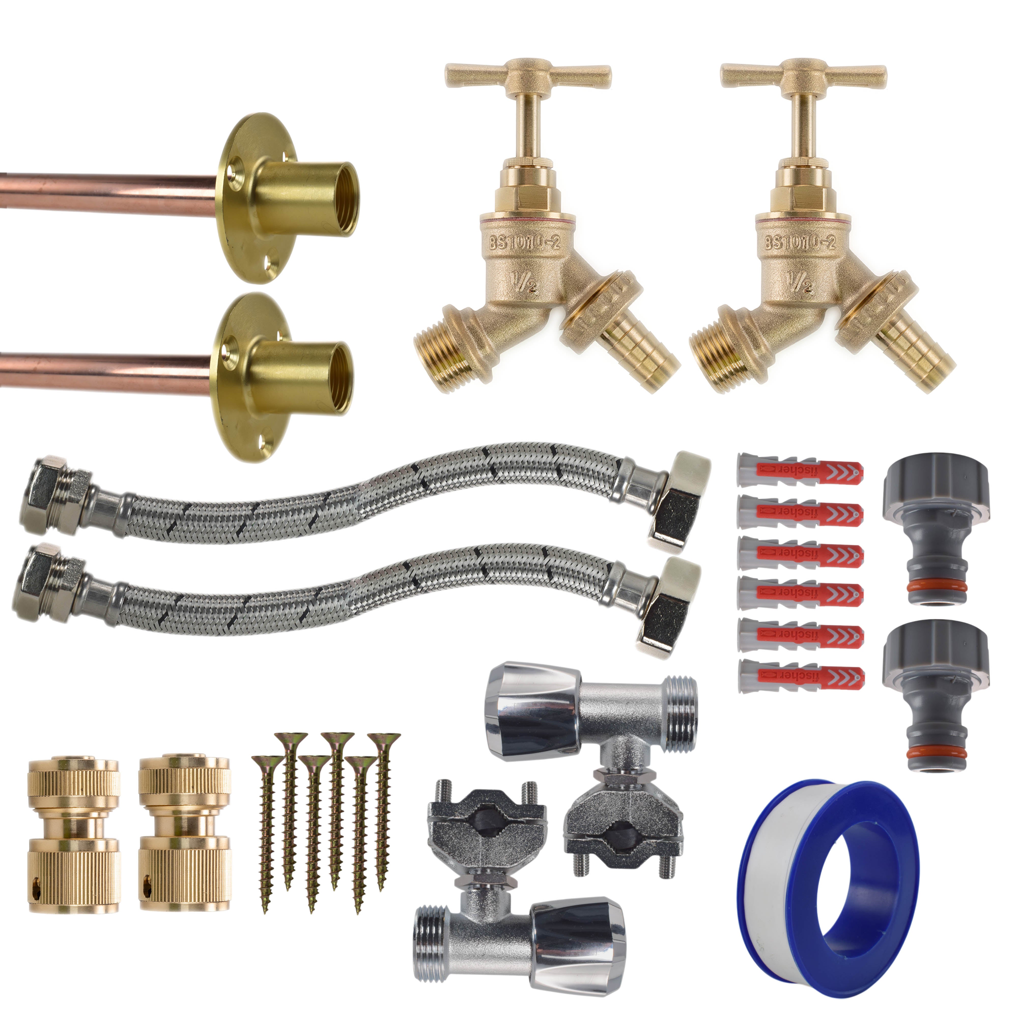 Brass Barbed Bib Tap FULL Connection Kit x2