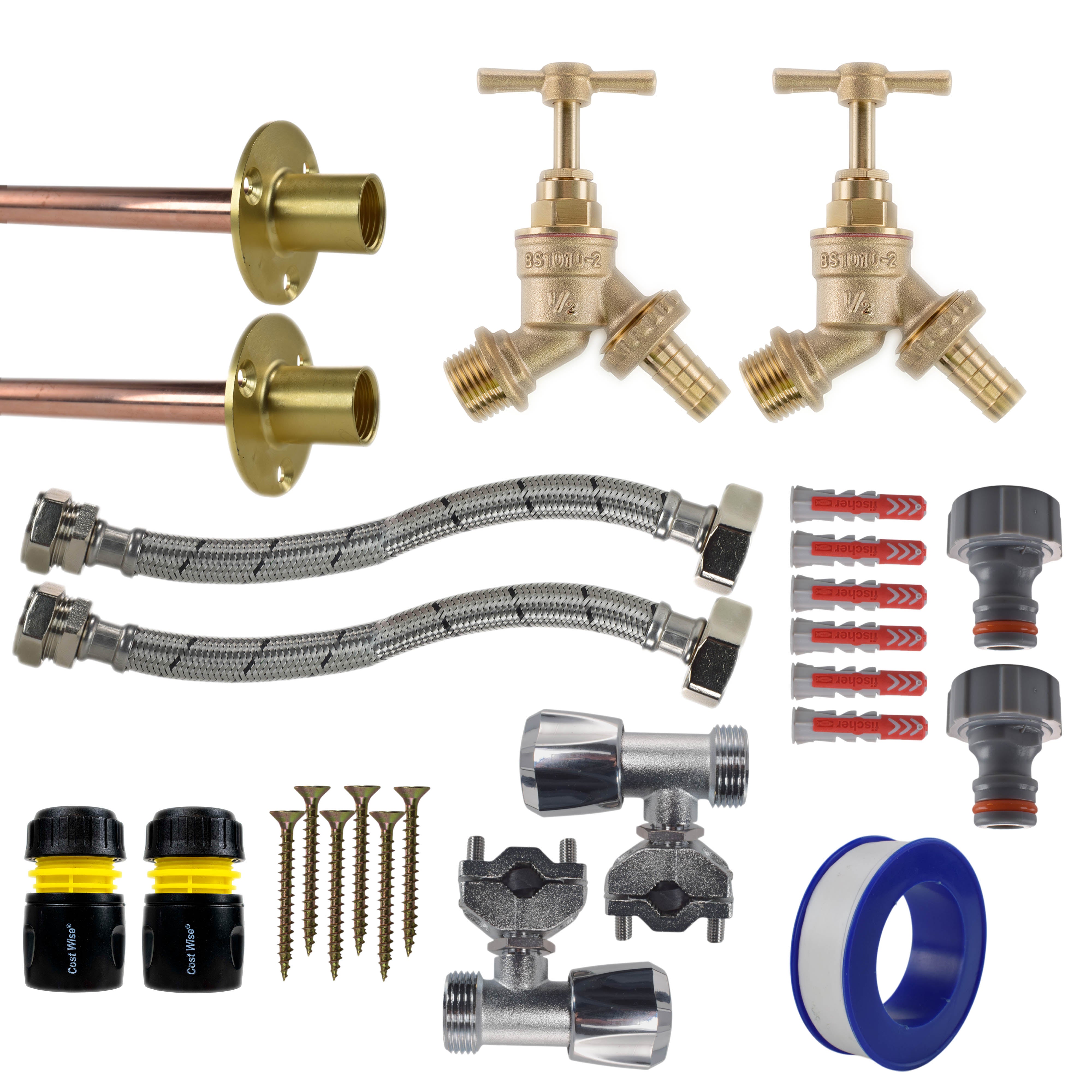 Brass Barbed Bib Tap FULL Connection Kit x2