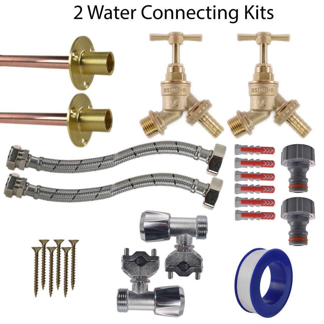 Brass Barbed Bib Tap FULL Connection Kit x2