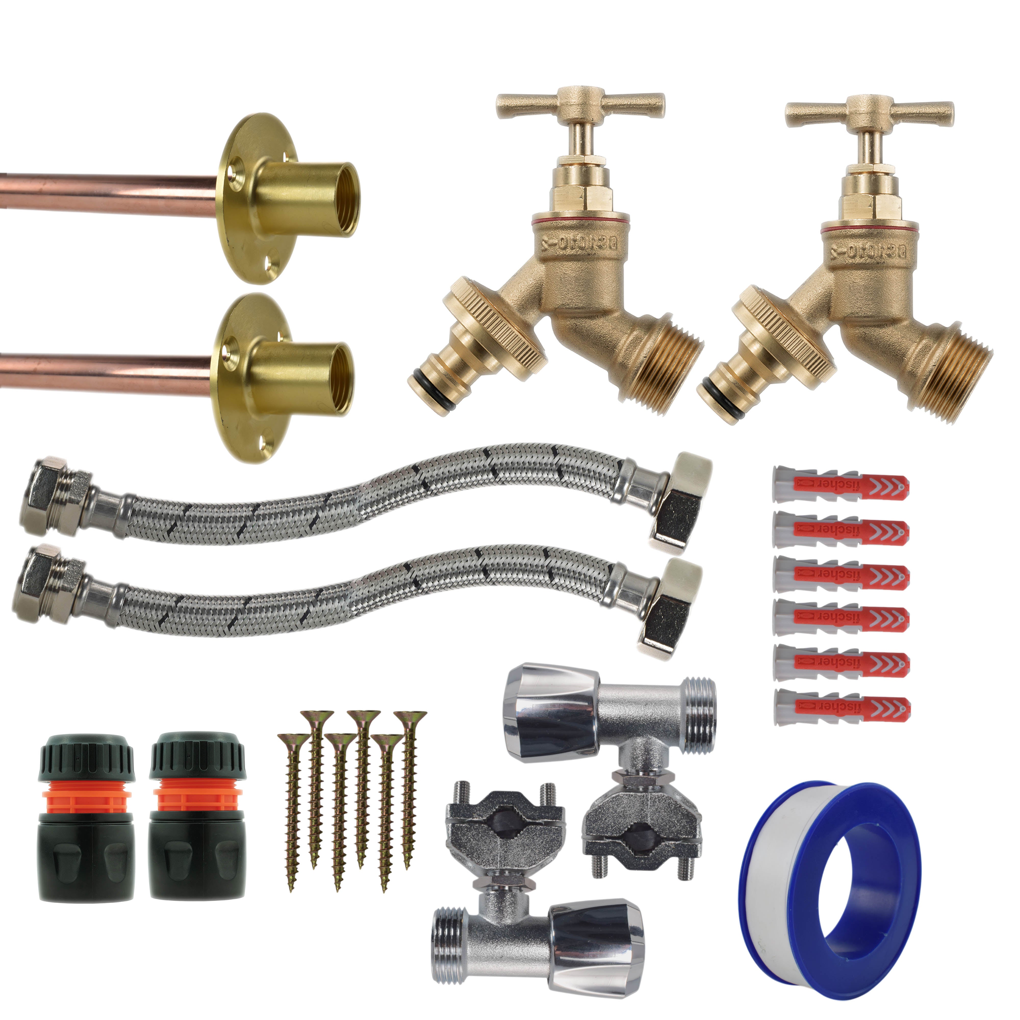 Brass Quick Connect Bib Tap FULL Connection Kit x2