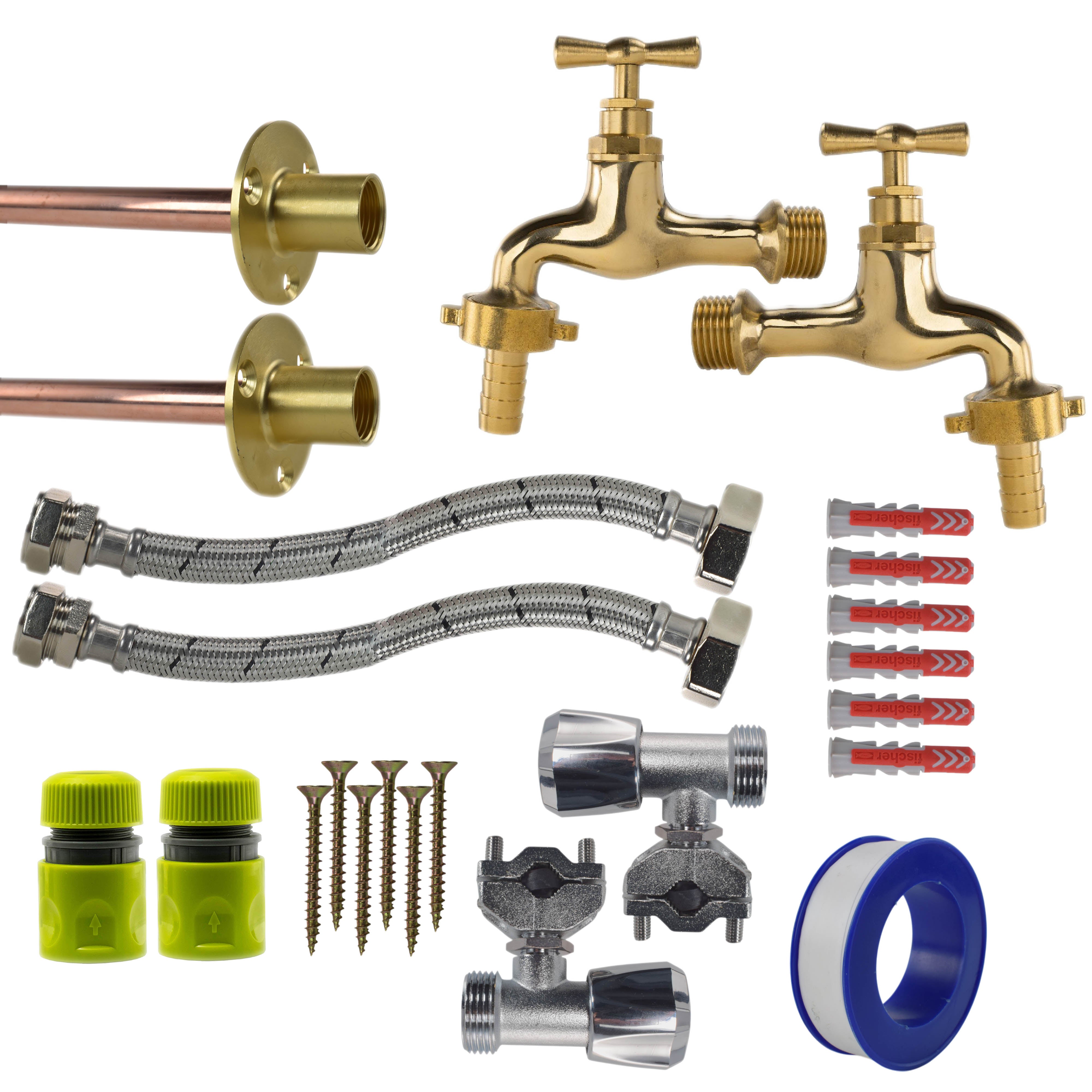 Polished Brass 13mm Barb Tap FULL Connection Kit x2