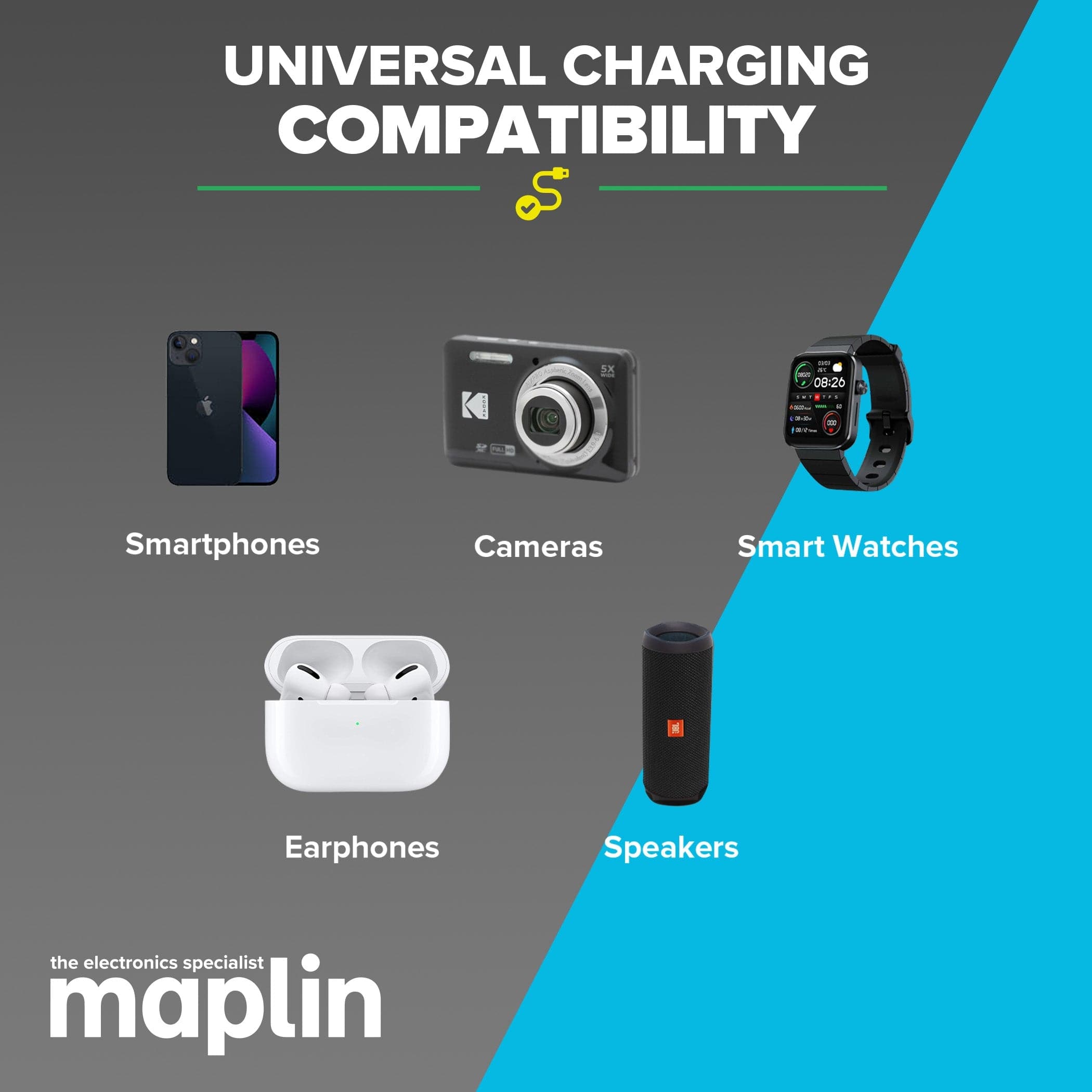 Maplin 4 Port USB Wall Charger 3x USB-A 2 1x USB-C PD QC 3.0 20W High Speed Charging