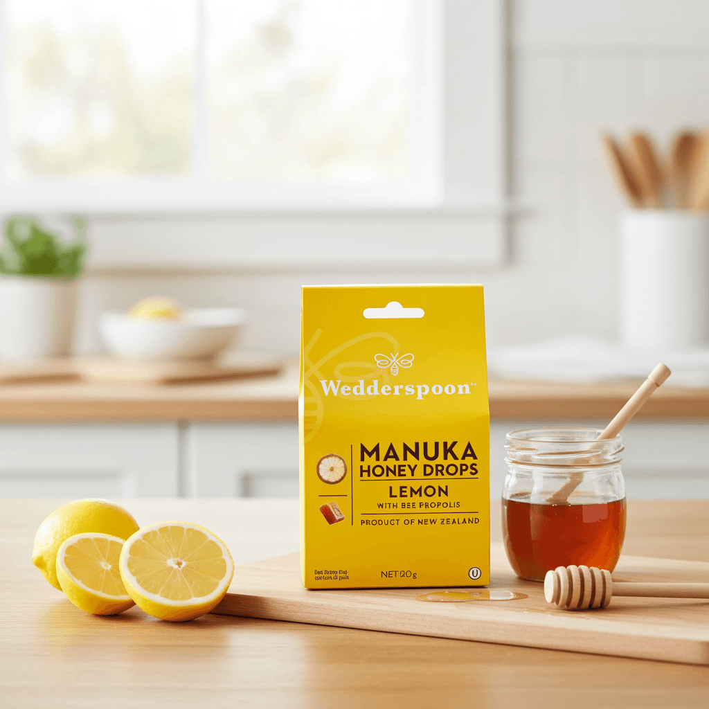 Wedderspoon Manuka Honey Drops – Lemon with Bee Propolis (20 Drops)