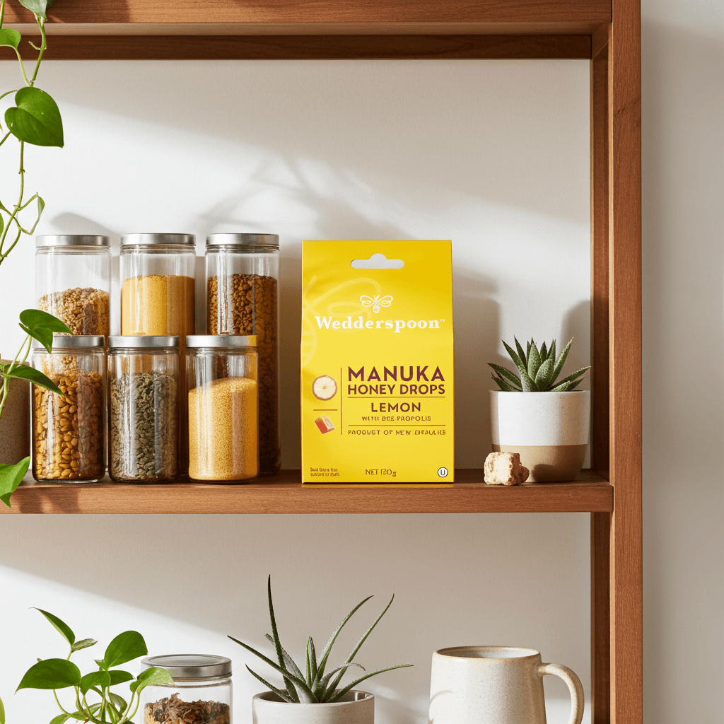 Wedderspoon Manuka Honey Drops – Lemon with Bee Propolis (20 Drops)