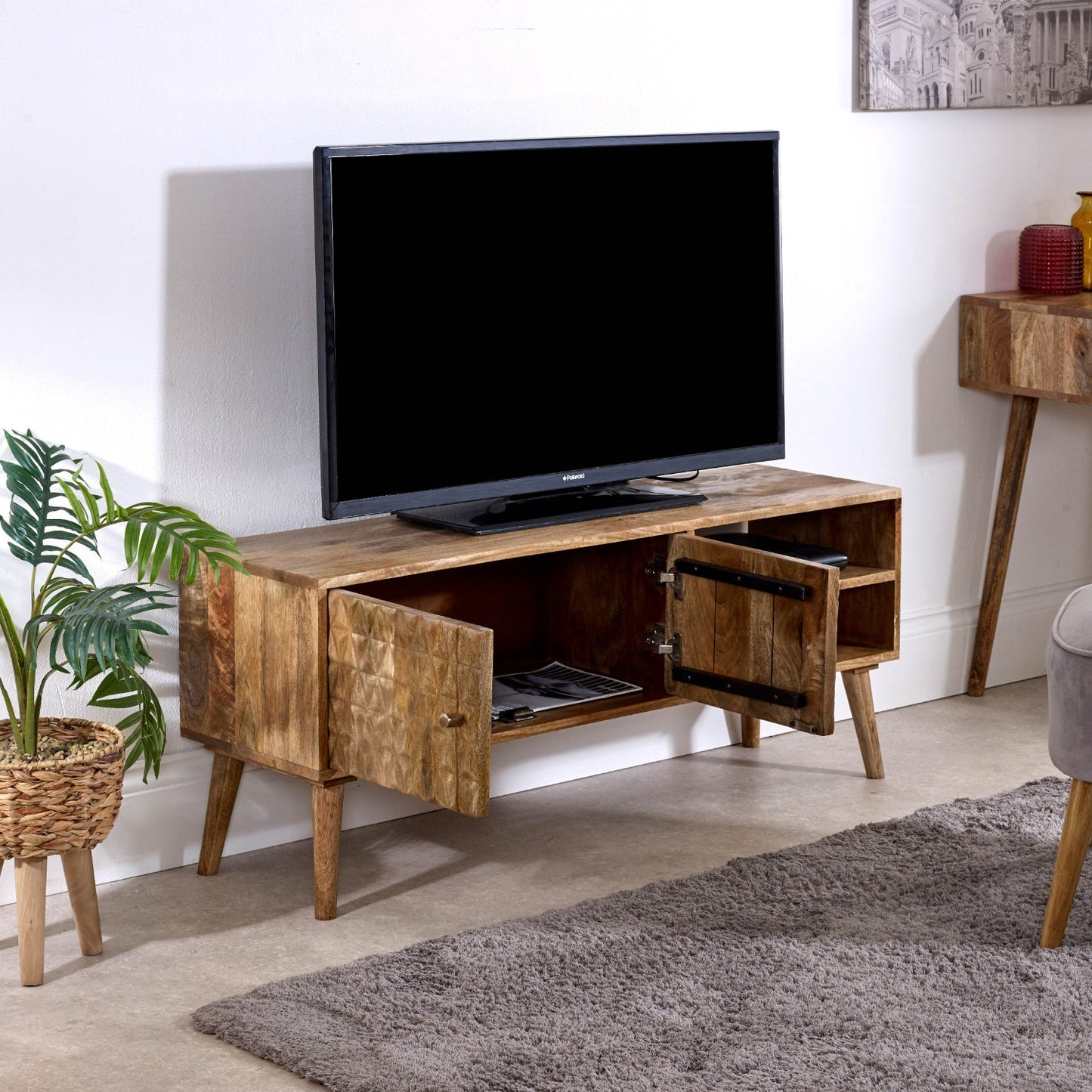 Marlow Light Mango Wood TV Stand with 2 Doors & 2 Shelves