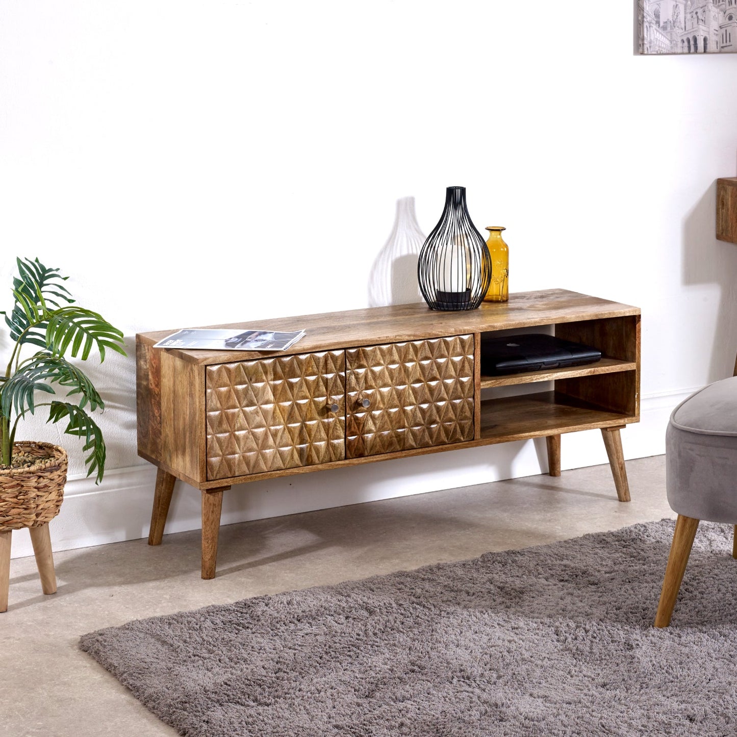 Marlow Light Mango Wood TV Stand with 2 Doors & 2 Shelves