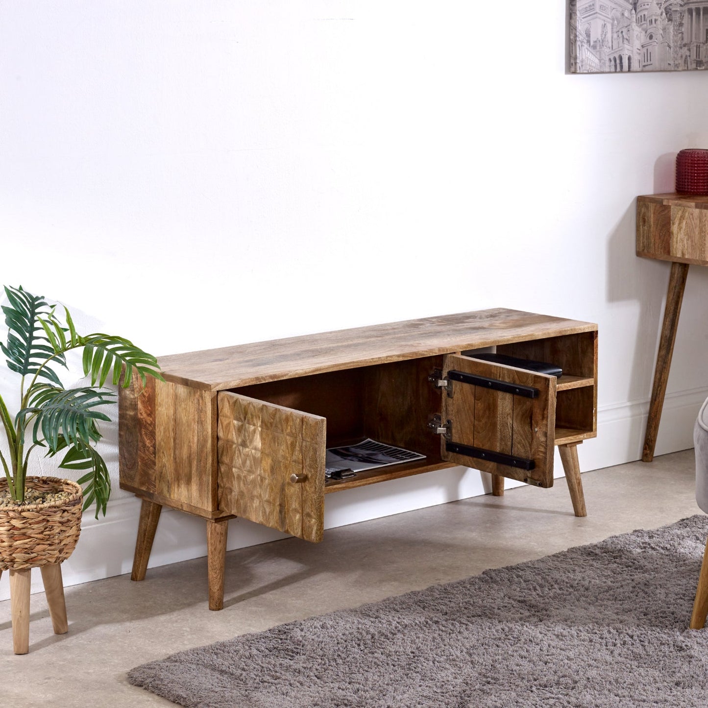 Marlow Light Mango Wood TV Stand with 2 Doors & 2 Shelves