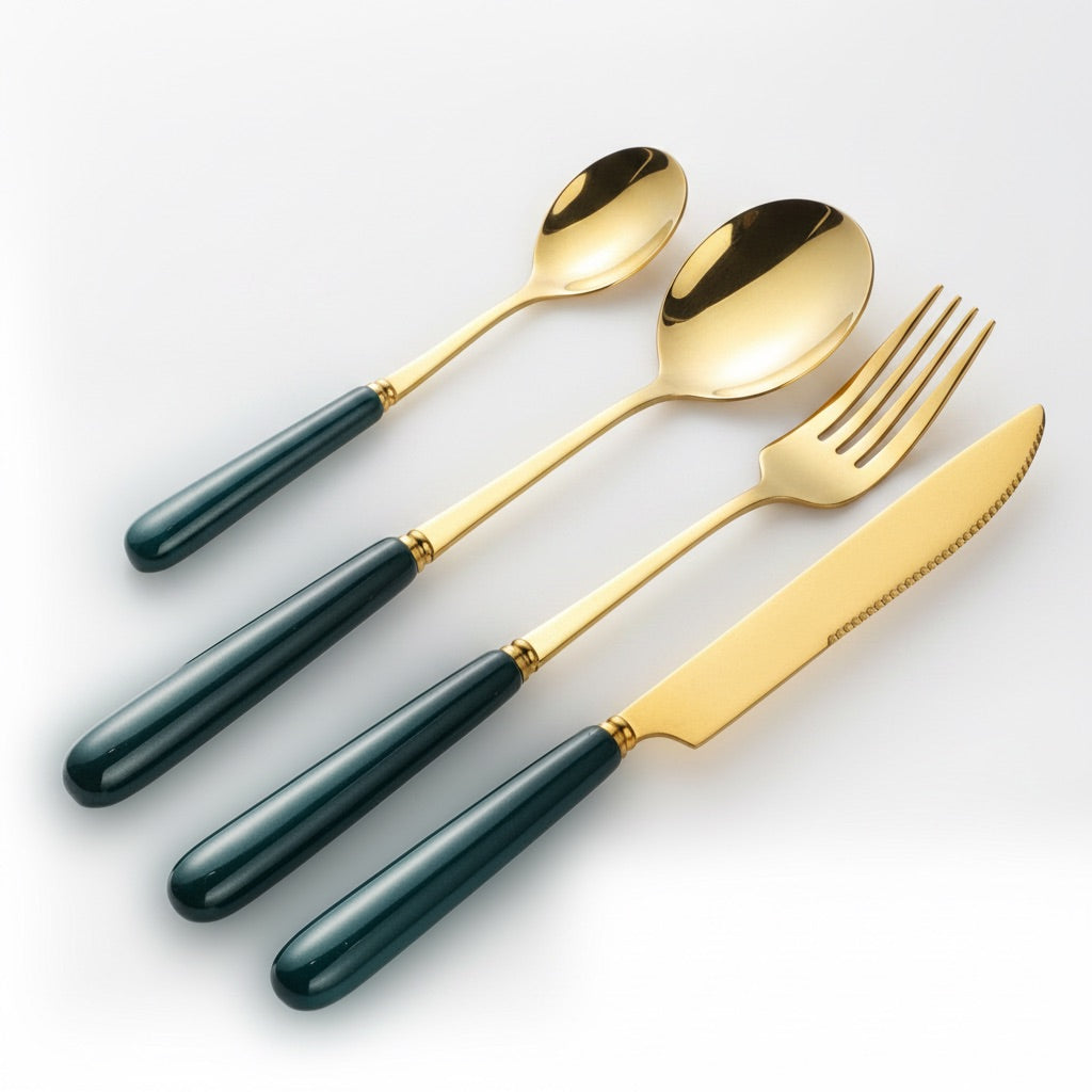 Aldermere 16-Piece Gold Cutlery Set – Forest Green