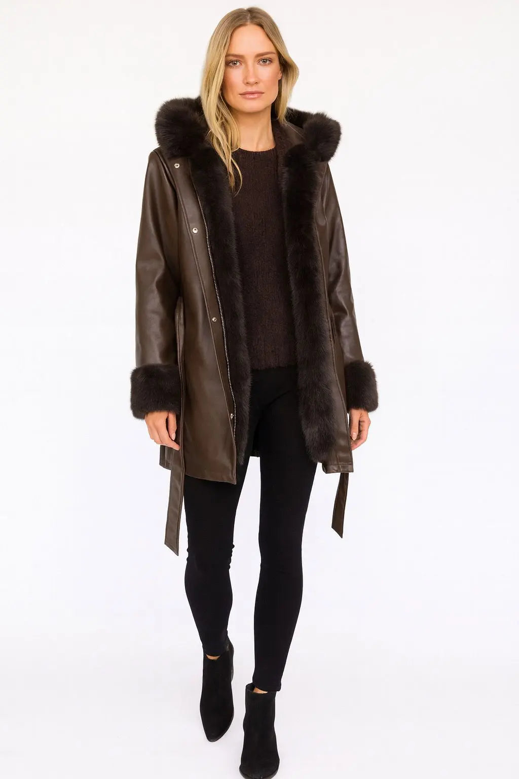 ALYSSA – Long faux leather coat with faux fur-trimmed hood