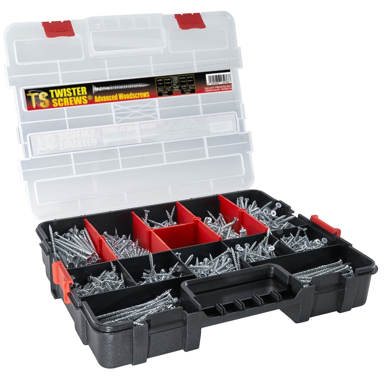 Twister Screws MultiBox – 1,280-Piece Zinc-Coated Wood Screws, 12 Sizes, Self-Countersinking, Type 17 Point, Pozi Drive, U-Thread, Includes 5 PZ2 Bits, Organizer Box for DIY & Indoor Projects