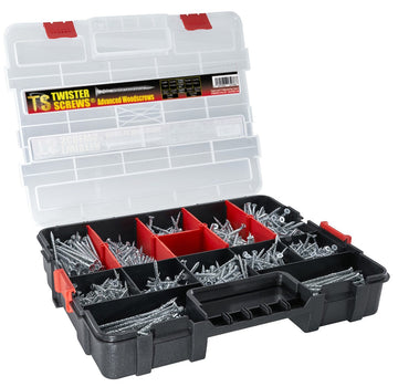 Twister Screws MultiBox – 1,280-Piece Zinc-Coated Wood Screws, 12 Sizes, Self-Countersinking, Type 17 Point, Pozi Drive, U-Thread, Includes 5 PZ2 Bits, Organizer Box for DIY & Indoor Projects