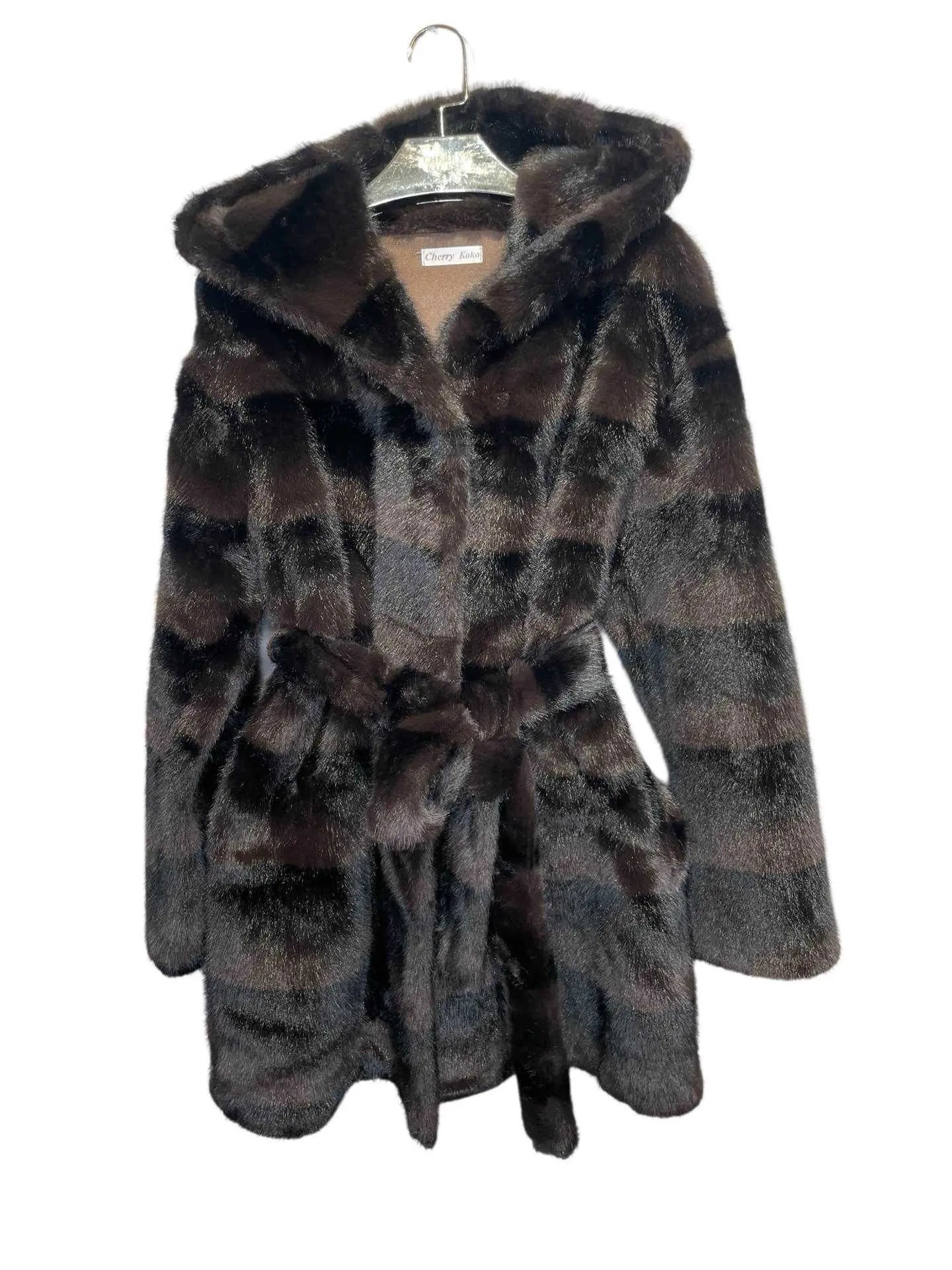 ASTORIA – Long hooded coat in striped faux fur