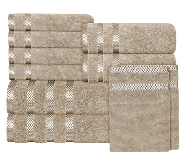 Belmont Viscose Stripe Beige Towels 100% Cotton Hotel Quality Super Absorbent 10 Piece Bale Set, 4 Hand Towel & 12 Face Cloths by OLIVIA ROCCO