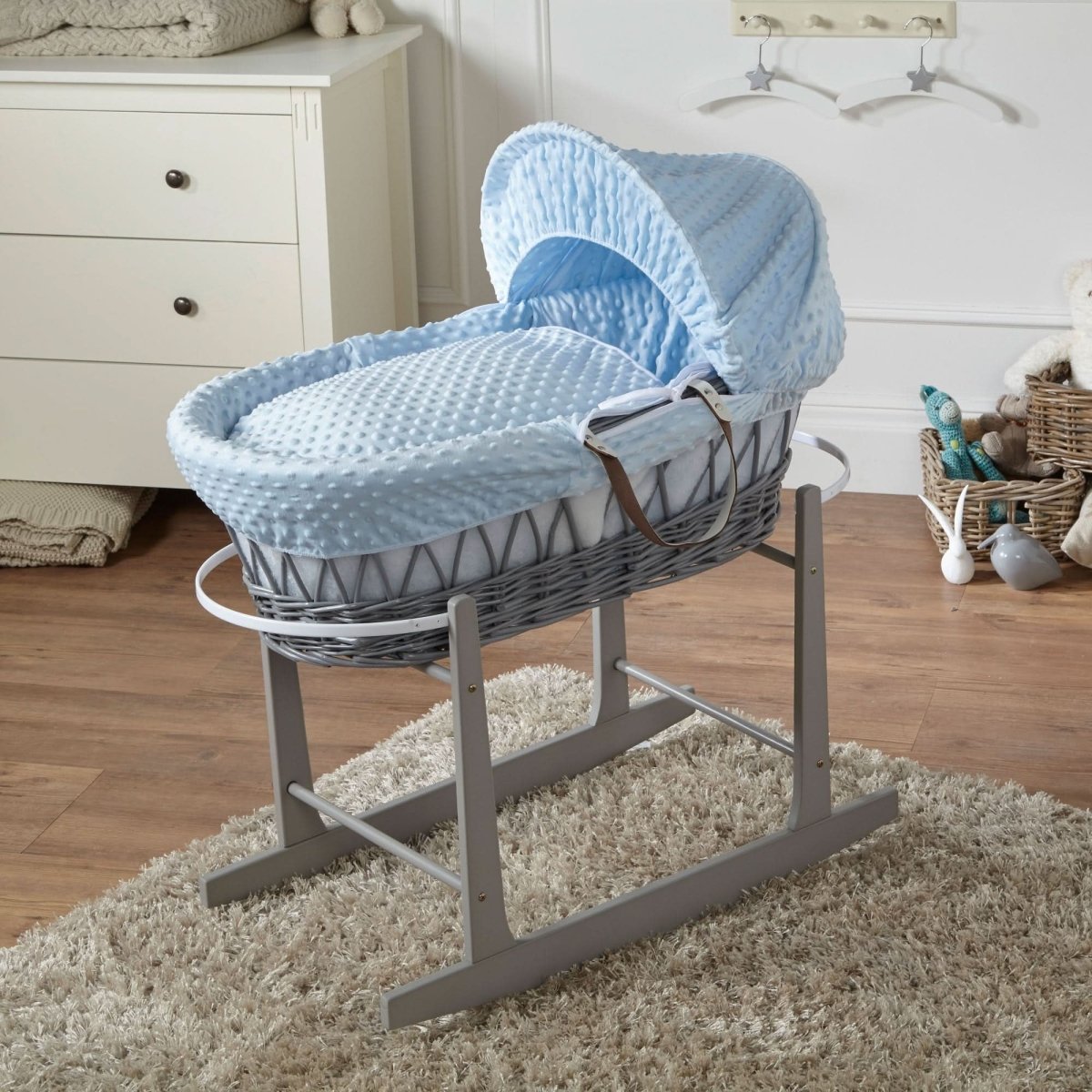 Blue Dimple Grey Wicker Baby Moses Basket With Stand