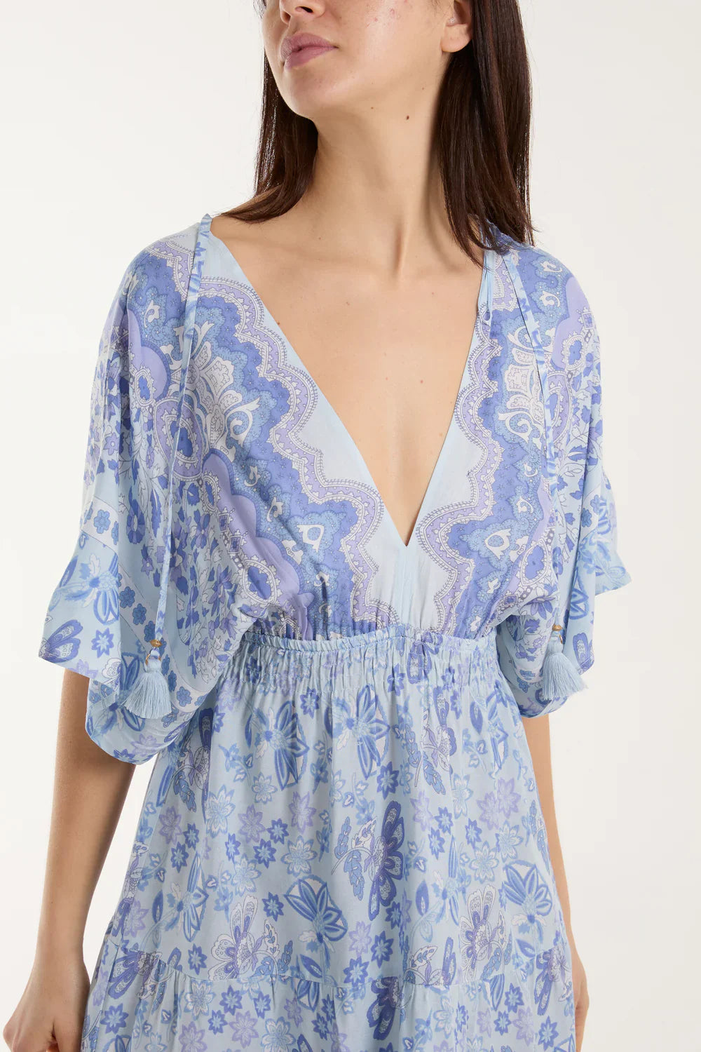 Mixed Print Tassel Detail V-Neck Dress