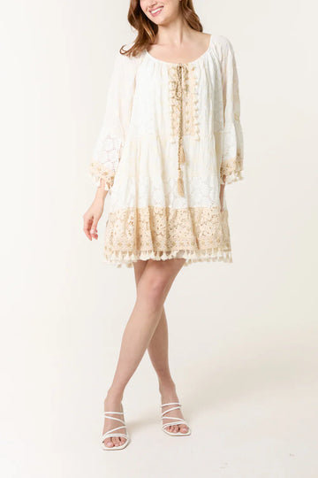 Boho Beach Dress Beige & Cream | One Size Summer Dress Fits 8-16
