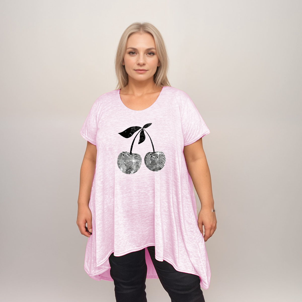Plus‑Size Pastel Cherry Print Hanky Hem Swing Top