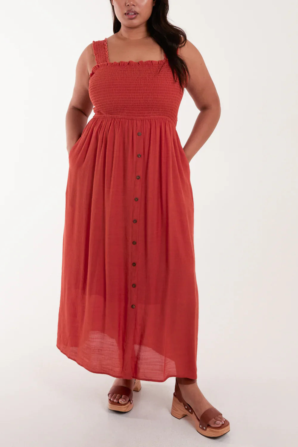 Curve Shirred Bust Button Down Maxi Dress