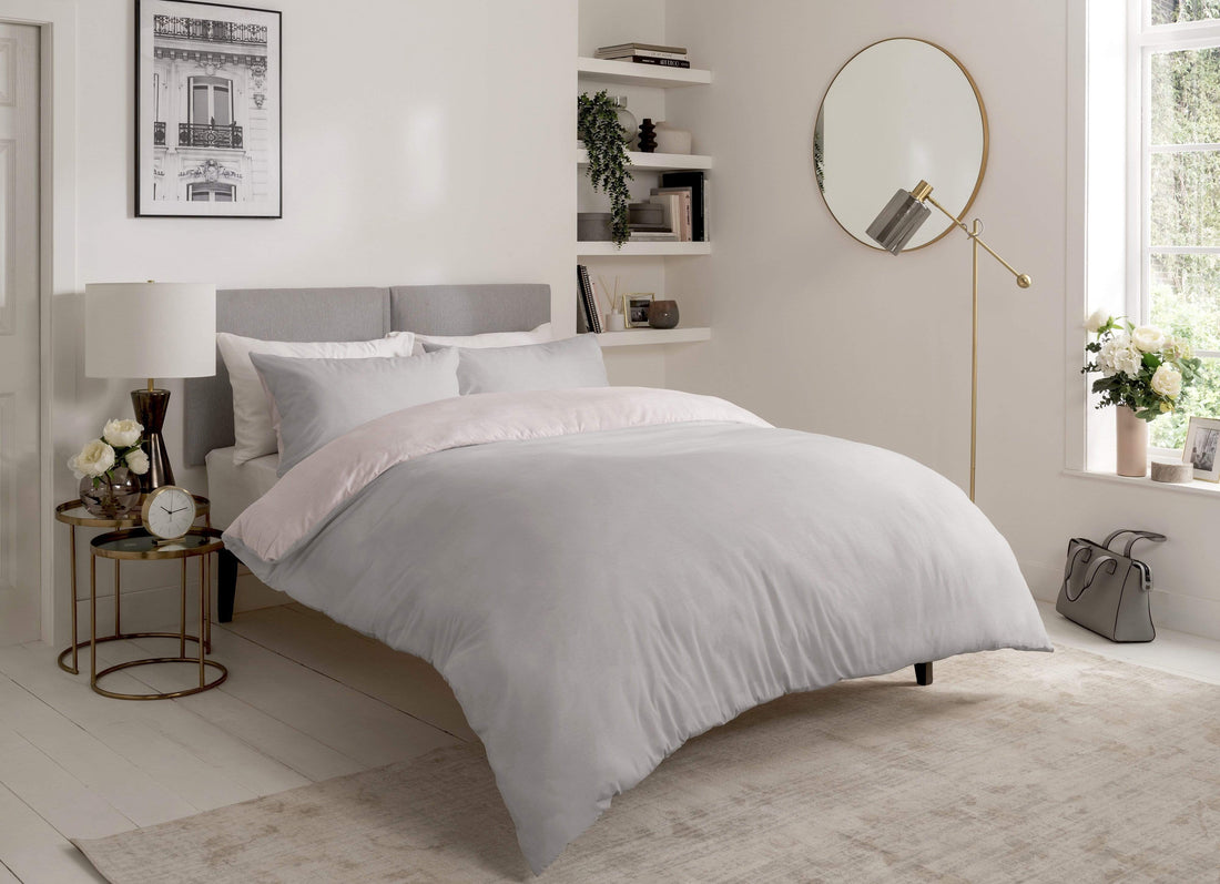 Chambray Reversible Duvet Set Luxurious Cotton Rich Bedding in Elegant Greys and Pinks Available in Single Double and King Sizes by OLIVIA ROCCO