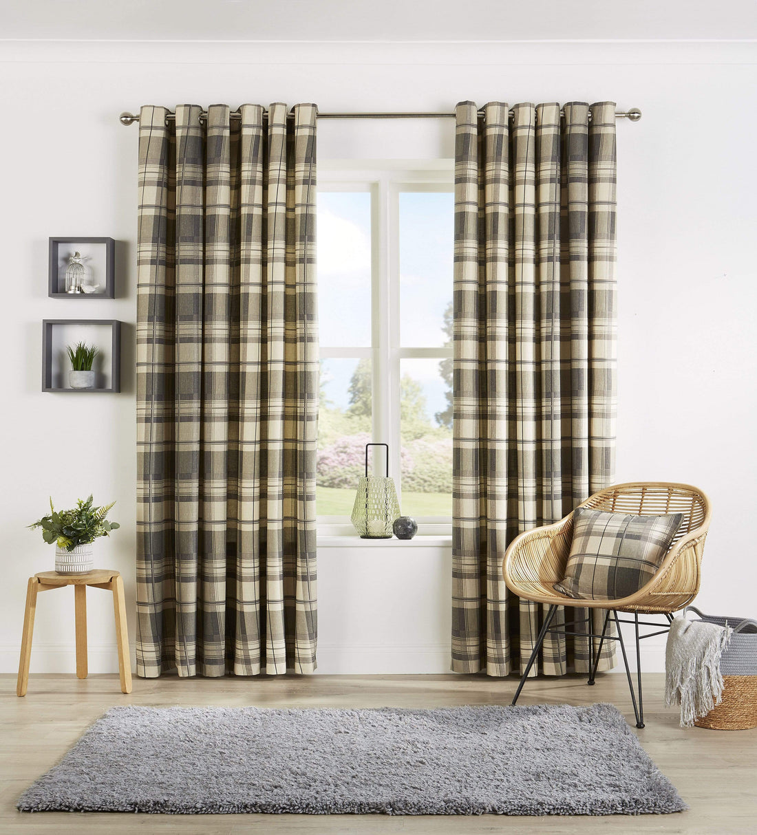 Check Pattern Curtains with Matching Cushion Covers Premium Polyester Cotton Blend Eyelet Ring Top Ochre Grey Various Sizes for Bedrooms and Living Rooms by OLIVIA ROCCO