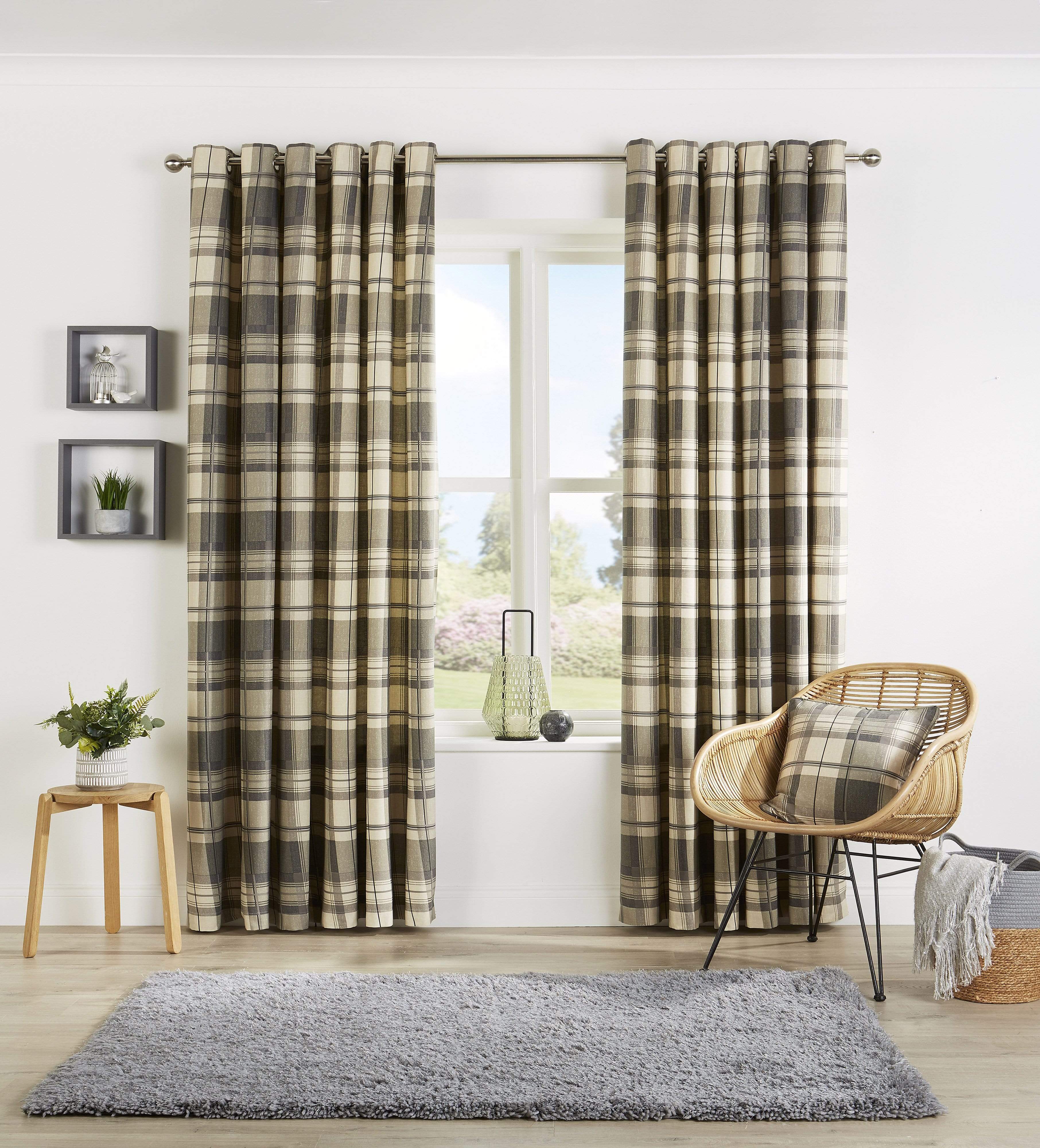 Check Pattern Curtains with Matching Cushion Covers Premium Polyester Cotton Blend Eyelet Ring Top Ochre Grey Various Sizes for Bedrooms and Living Rooms by OLIVIA ROCCO