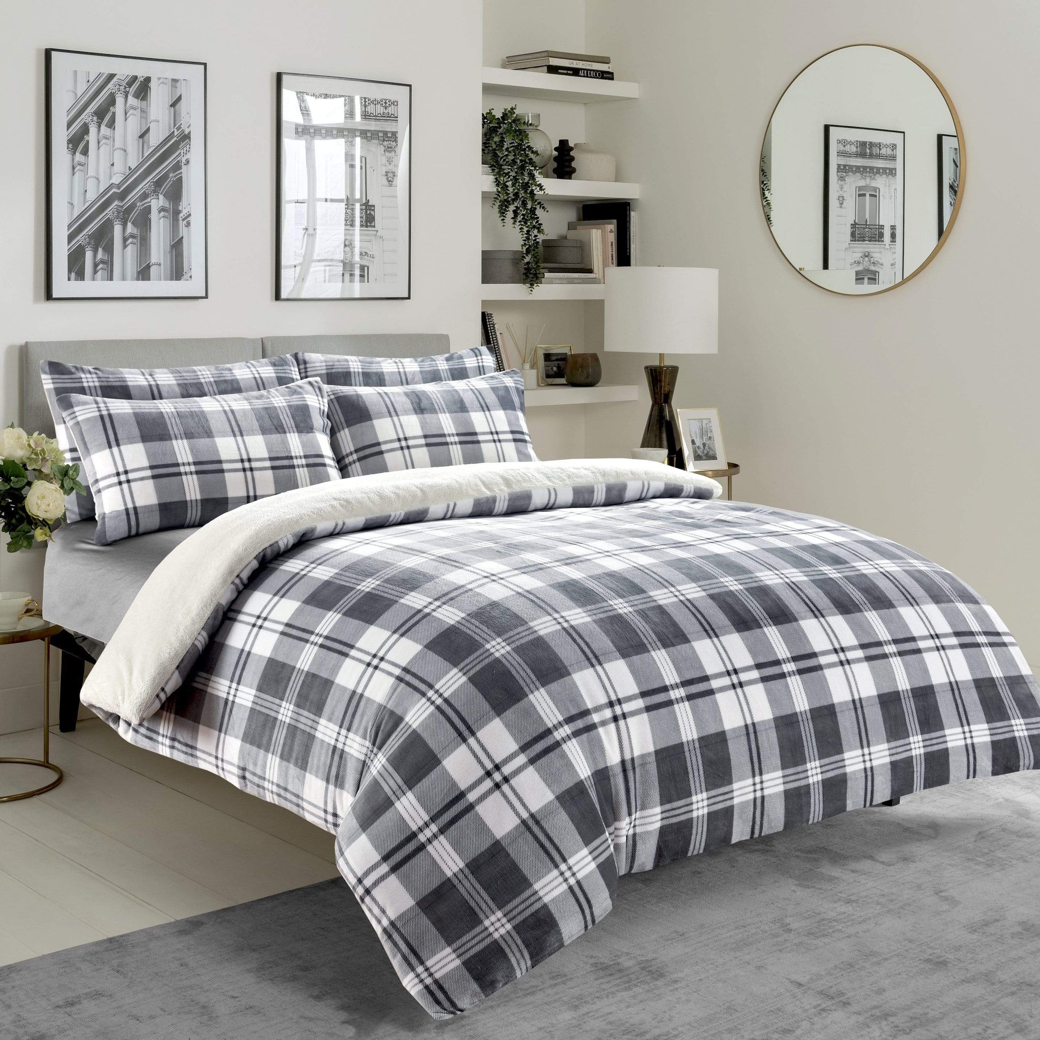 Checked Grey Teddy Fleece Reversible Duvet Set Luxurious Plush Faux Fur Bedding for Winter Available in Single Double King Sizes by OLIVIA ROCCO