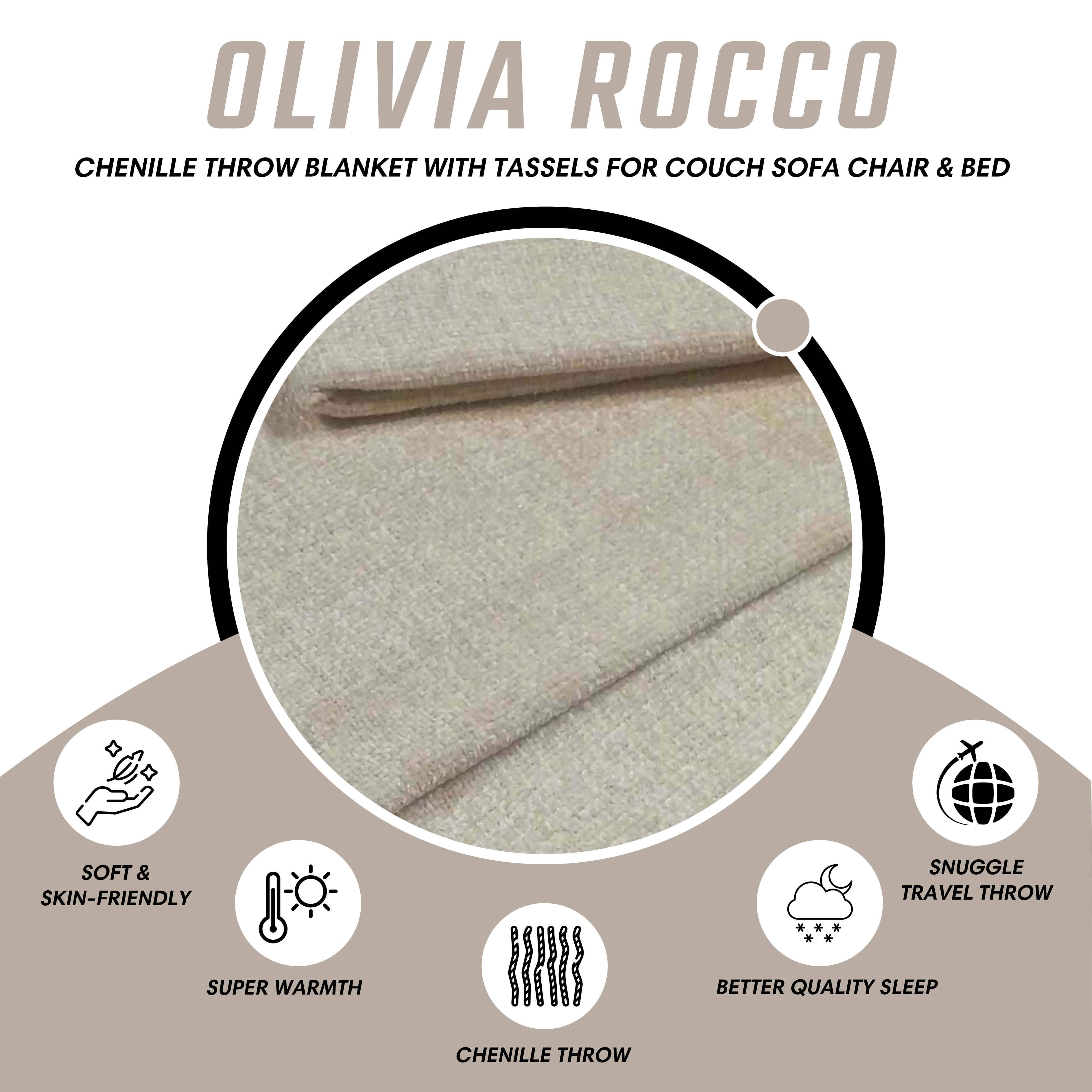 Chenille Tassel Elegant Throw Blanket for Couch Sofa Bed All-Season Soft Luxury by OLIVIA ROCCO